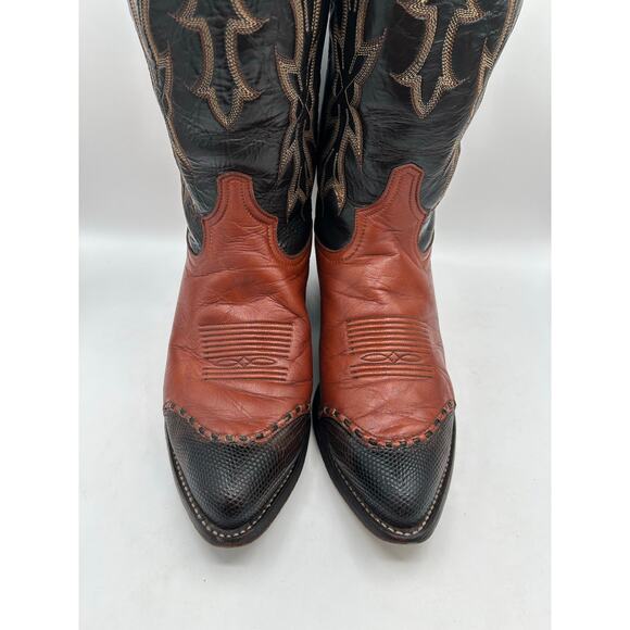 Vintage Tony Lama Boots 6951 Men’s Black Brown Lizard Tip Western Cowboy Boot 8 - Picture 7 of 10